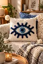 Diyara Artisanat Housse de coussin Œil bleu en coton écru 3.webp