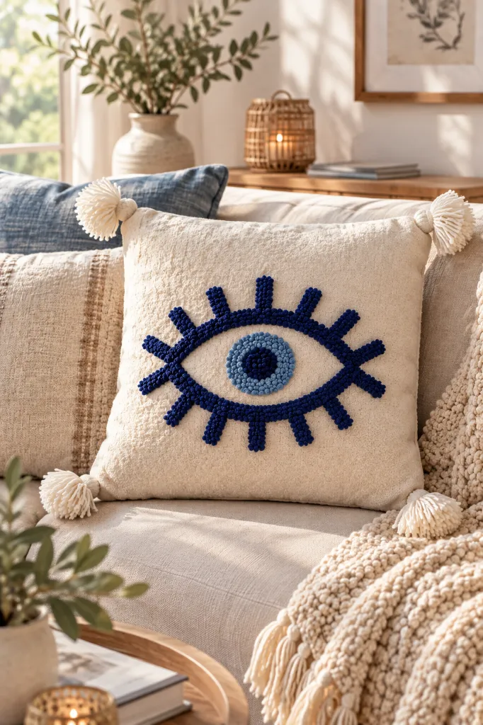 Diyara Artisanat Housse de coussin Œil bleu en coton écru 2.webp
