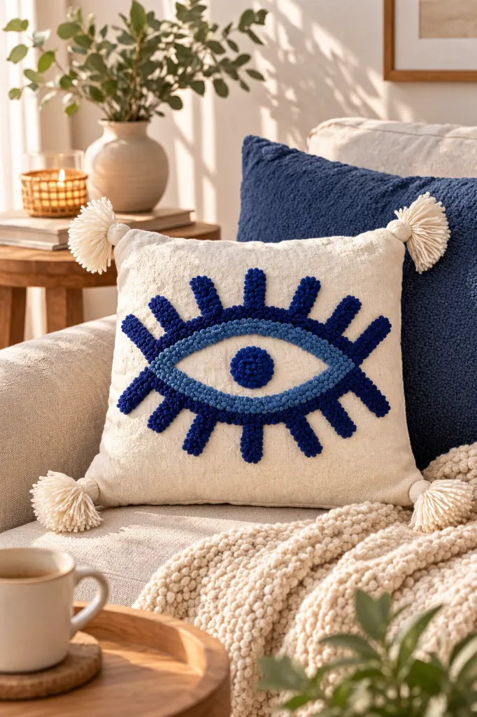 Diyara Artisanat Housse de coussin Œil bleu en coton écru 1.webp