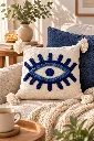 Diyara Artisanat Housse de coussin Œil bleu en coton écru 1.webp