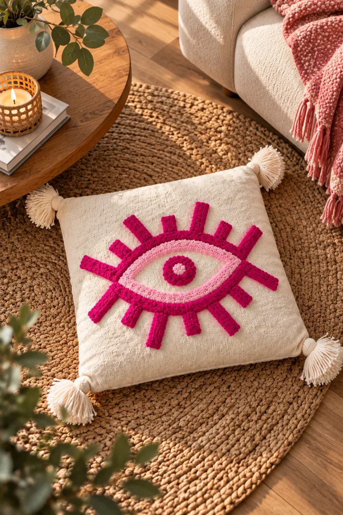Diyara Artisanat Housse de coussin Œil rose en coton écru 3.webp