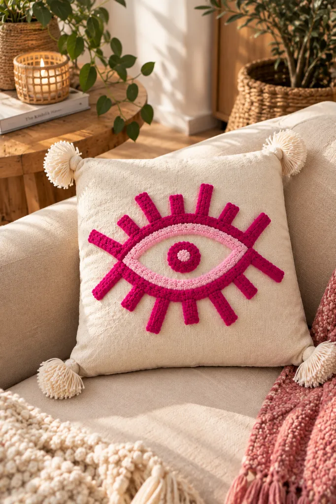 Diyara Artisanat Housse de coussin Œil rose en coton écru 4.webp
