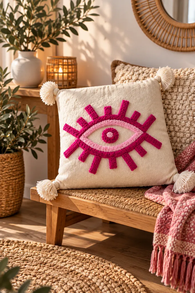Diyara Artisanat Housse de coussin Œil rose en coton écru 2.webp