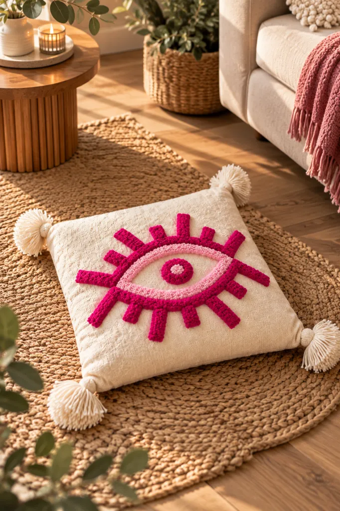 Diyara Artisanat Housse de coussin Œil rose en coton écru 1.webp