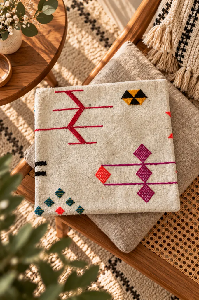 Diyara Artisanat Housse de coussin en coton écru à motifs berbères multicolores 4.webp