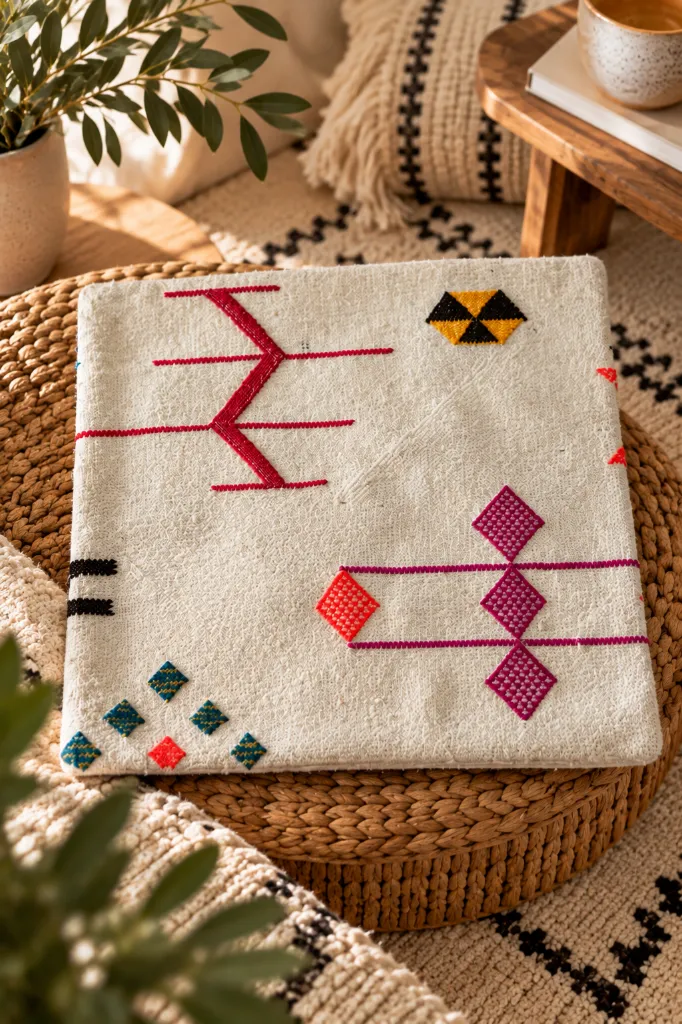 Diyara Artisanat Housse de coussin en coton écru à motifs berbères multicolores 2.webp