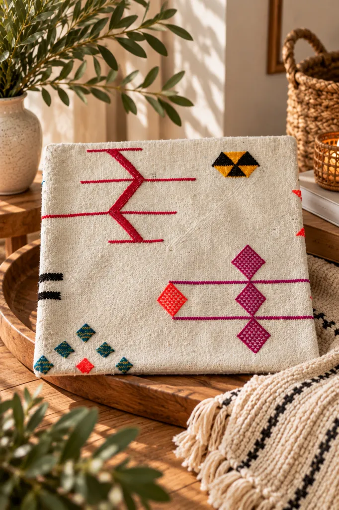 Diyara Artisanat Housse de coussin en coton écru à motifs berbères multicolores 3.webp
