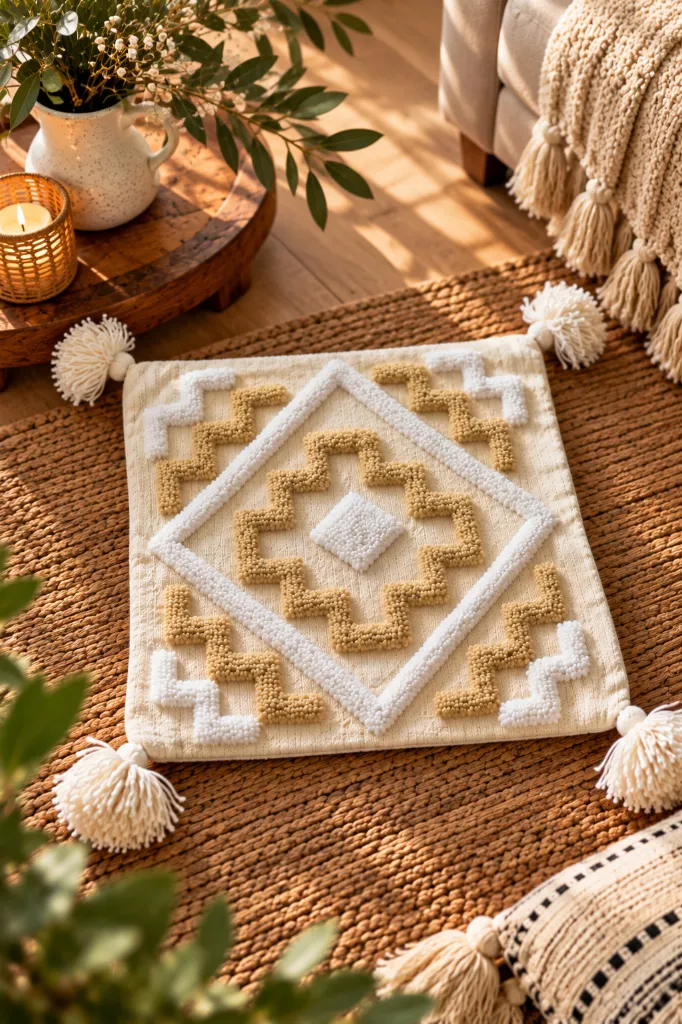 Diyara Artisanat Housse de coussin berbère écrue à motifs tuftés 3.webp