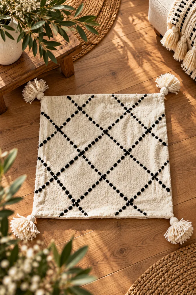 Diyara Artisanat Housse de coussin berbère écrue à losanges noirs 1.webp