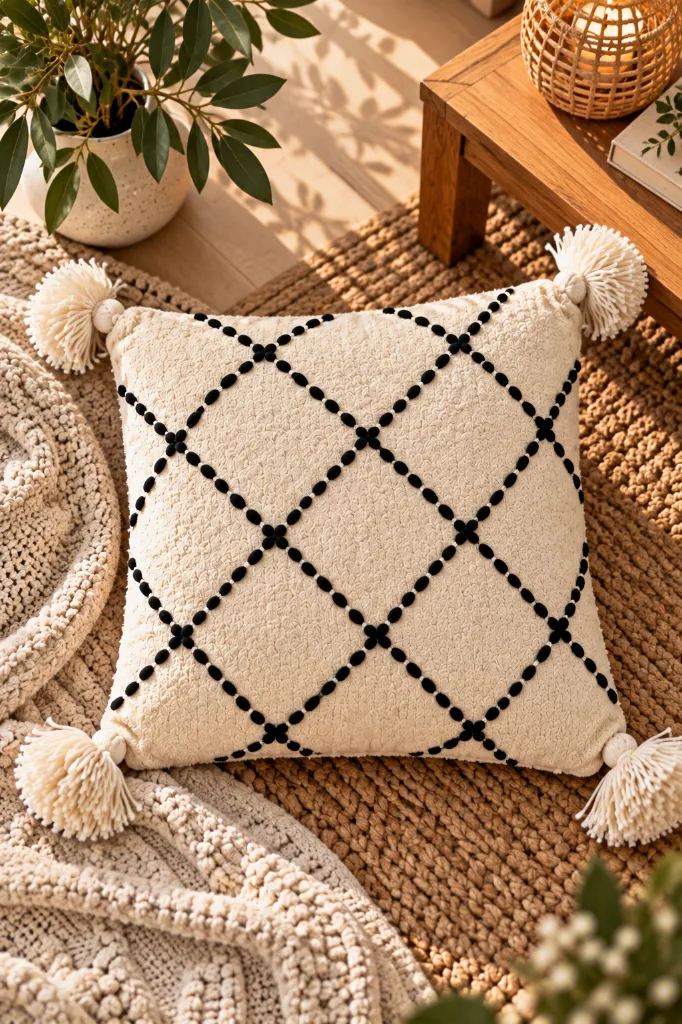 Diyara Artisanat Housse de coussin berbère écrue à losanges noirs 4.webp
