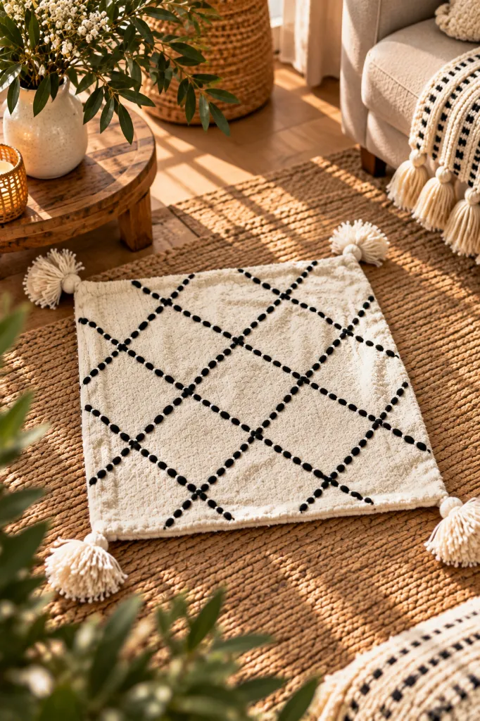 Diyara Artisanat Housse de coussin berbère écrue à losanges noirs 2.webp