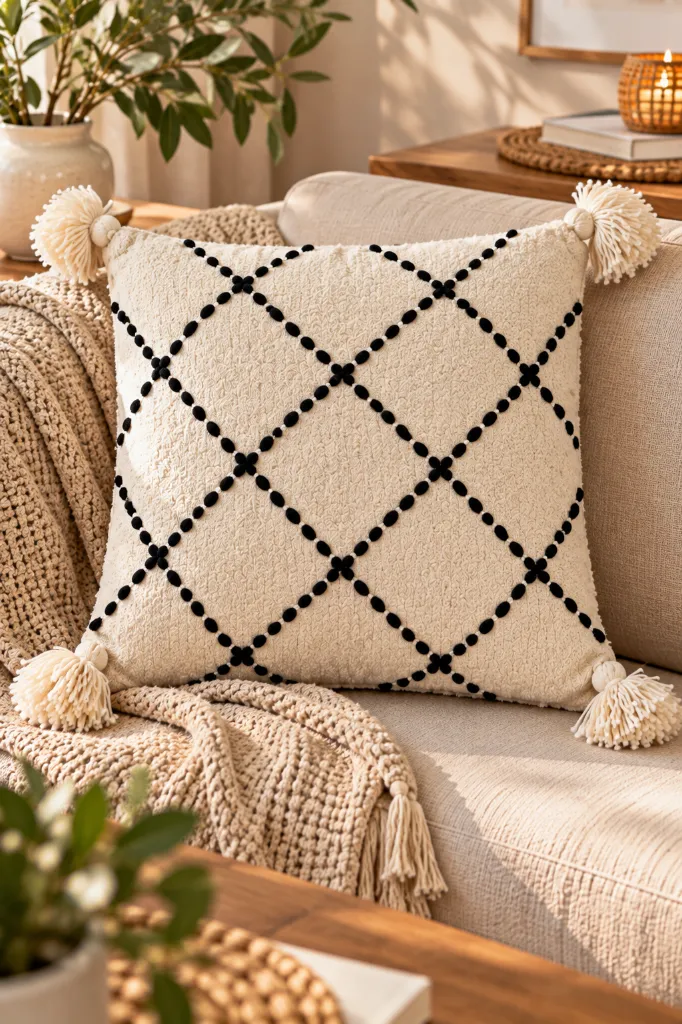 Diyara Artisanat Housse de coussin berbère écrue à losanges noirs 3.webp