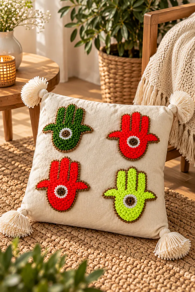 Diyara Artisanat Housse de coussin écrue à mains de Fatma vert olive et colorées 3.webp