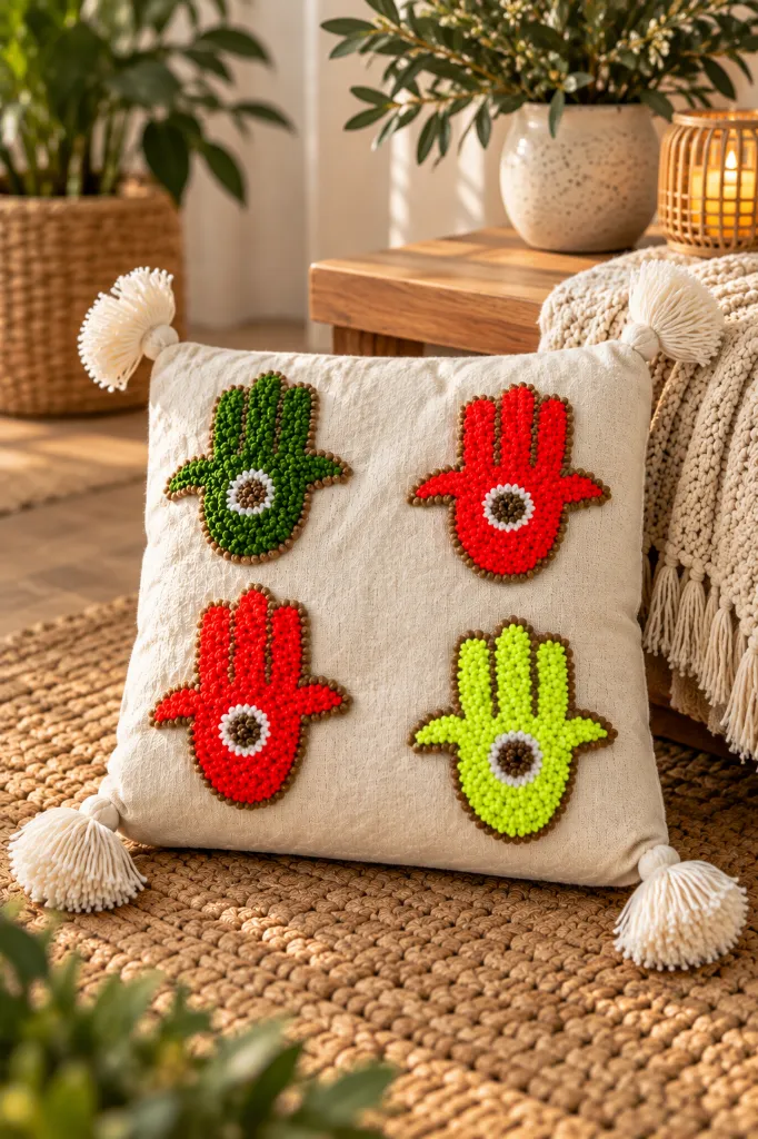 Diyara Artisanat Housse de coussin écrue à mains de Fatma vert olive et colorées 2.webp