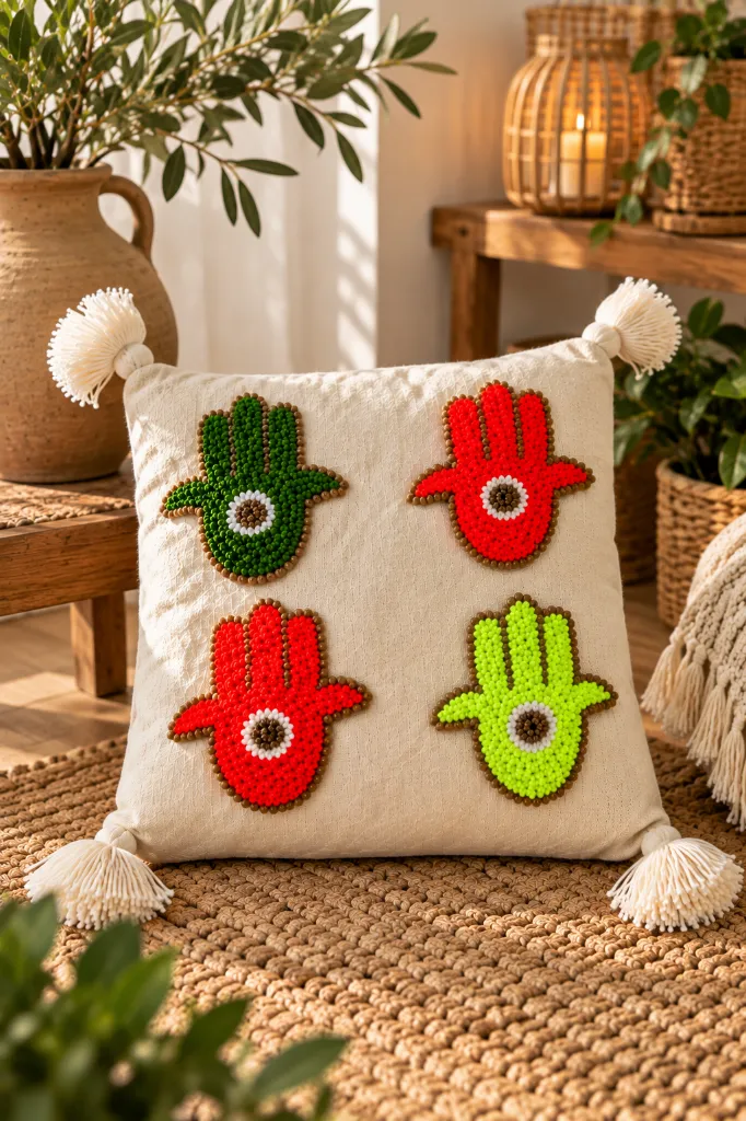 Diyara Artisanat Housse de coussin écrue à mains de Fatma vert olive et colorées 4.webp