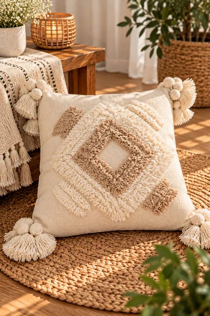 Diyara Artisanat Housse de coussin écrue à motif losange tufté beige 2.webp