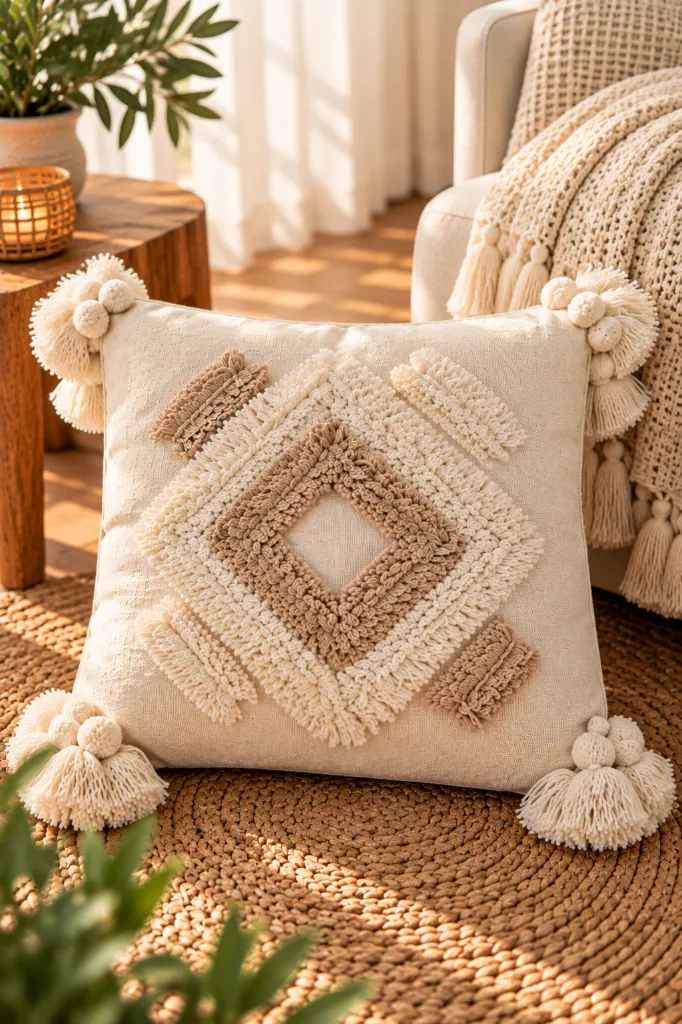 Diyara Artisanat Housse de coussin écrue à motif losange tufté beige 4.webp