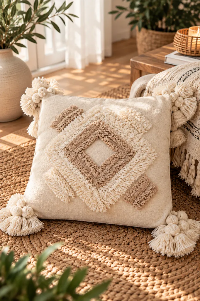 Diyara Artisanat Housse de coussin écrue à motif losange tufté beige 1.webp