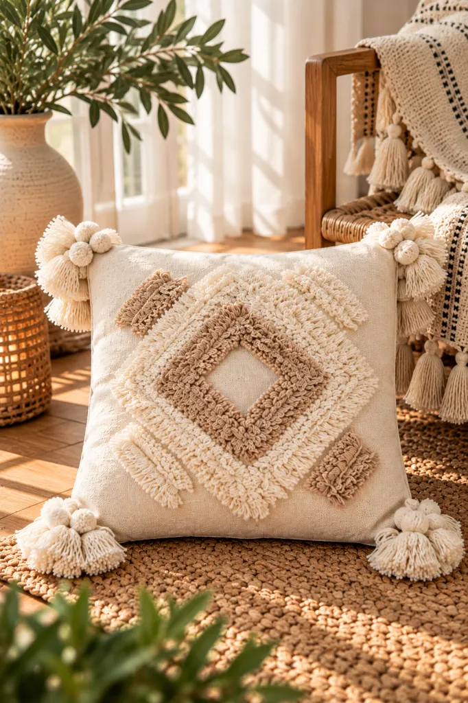 Diyara Artisanat Housse de coussin écrue à motif losange tufté beige 3.webp