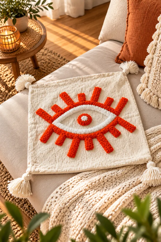 Diyara artisanat Housse de coussin écrue à œil orange tufté 1.webp