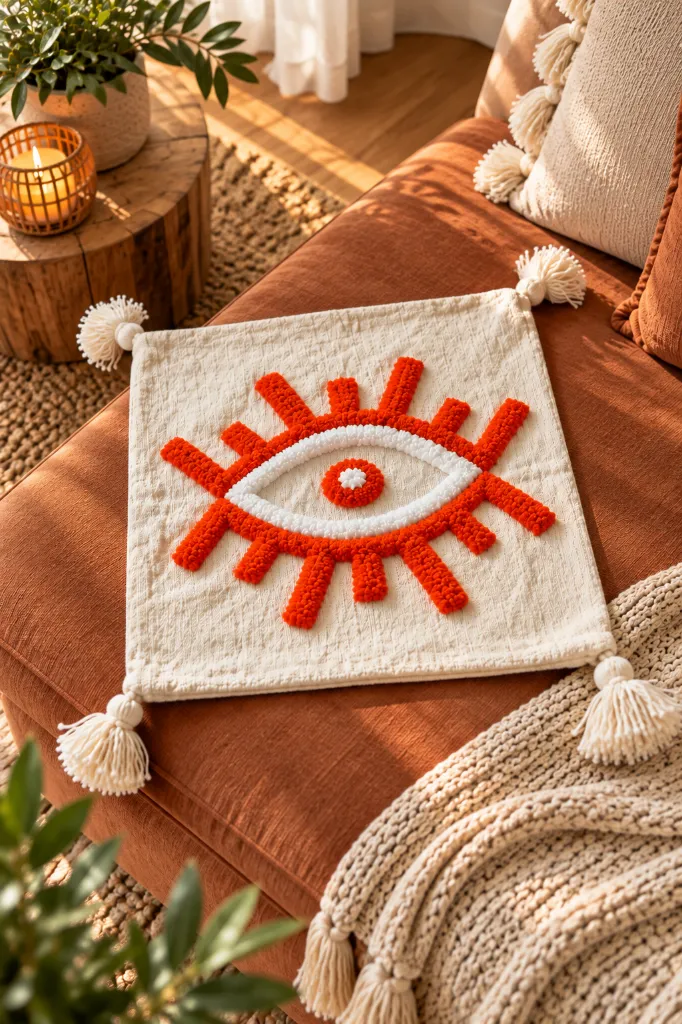 Diyara artisanat Housse de coussin écrue à œil orange tufté 2.webp