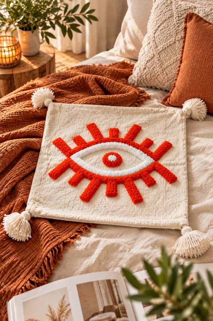 Diyara artisanat Housse de coussin écrue à œil orange tufté 4.webp