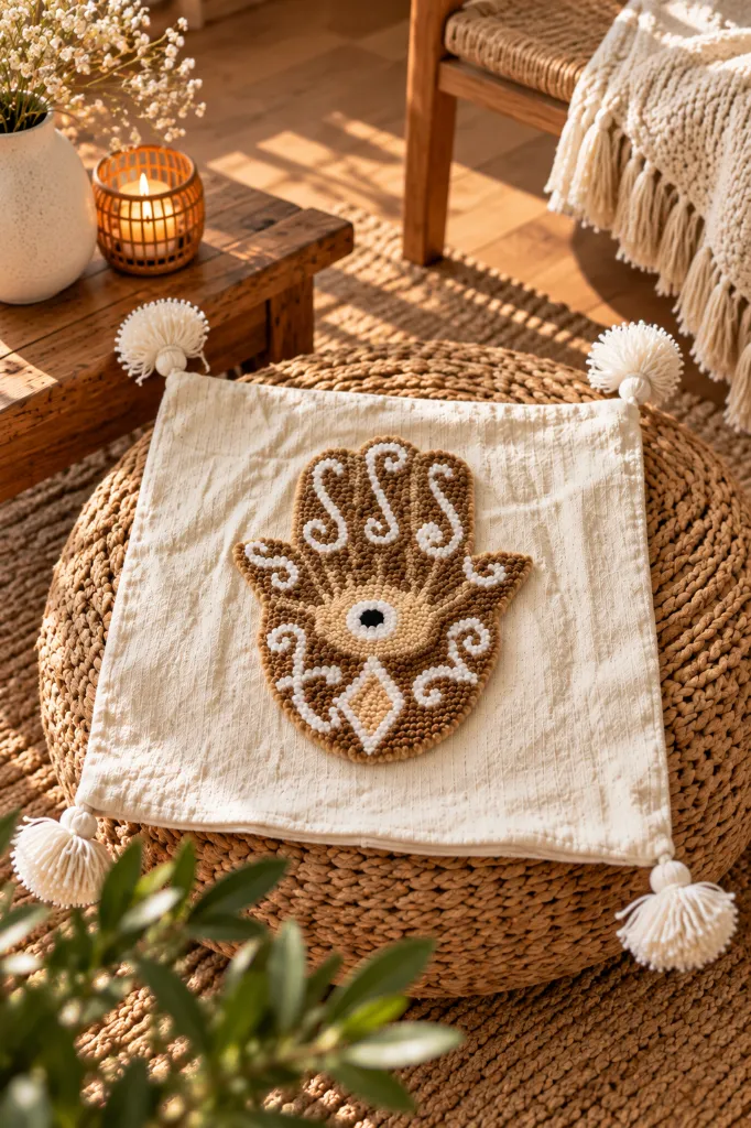 Diyara Artisanat Housse de coussin Main de Fatma tuftée beige 3.webp