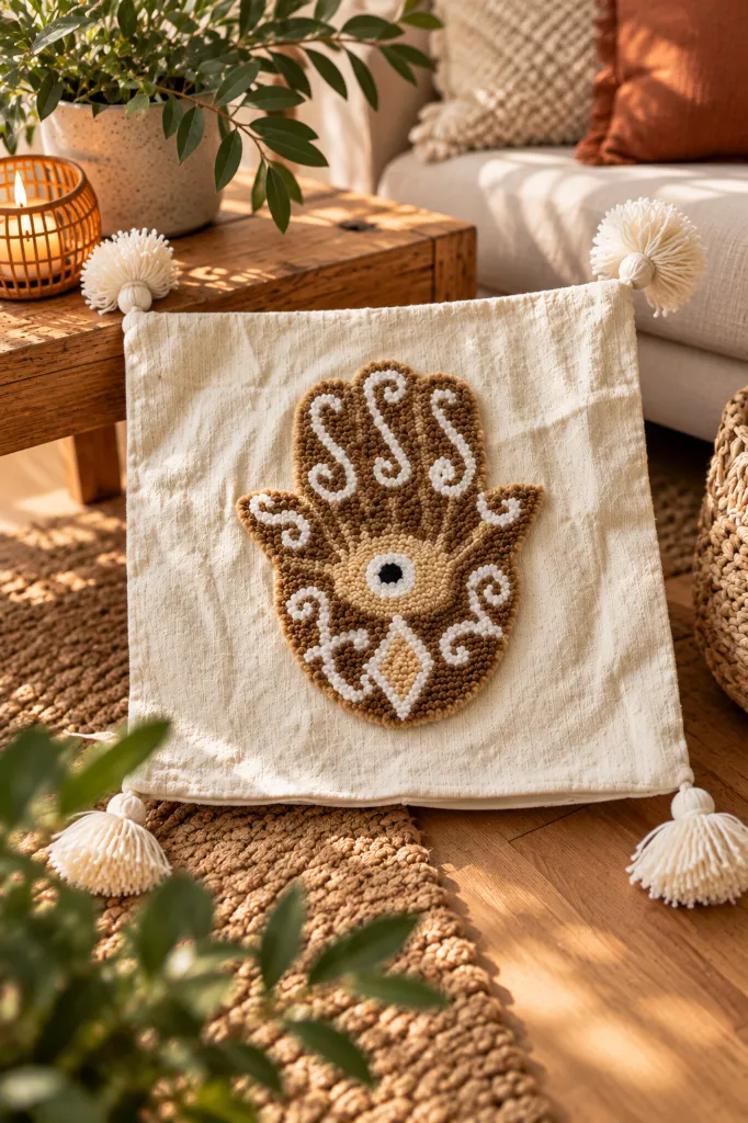 Diyara Artisanat Housse de coussin Main de Fatma tuftée beige 2.webp