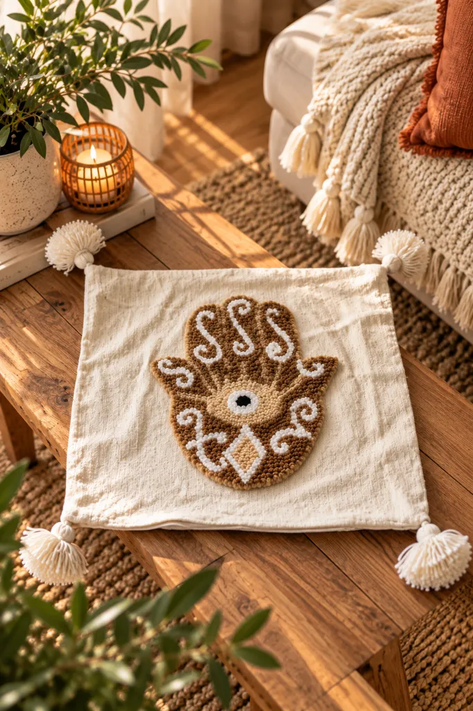 Diyara Artisanat Housse de coussin Main de Fatma tuftée beige 1.webp