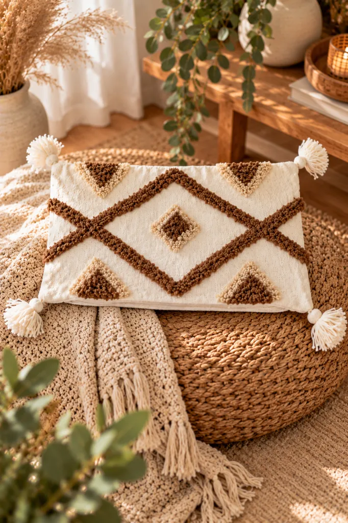 Diyara Artisanat Housse de coussin berbère tuftée marron et beige 4.webp