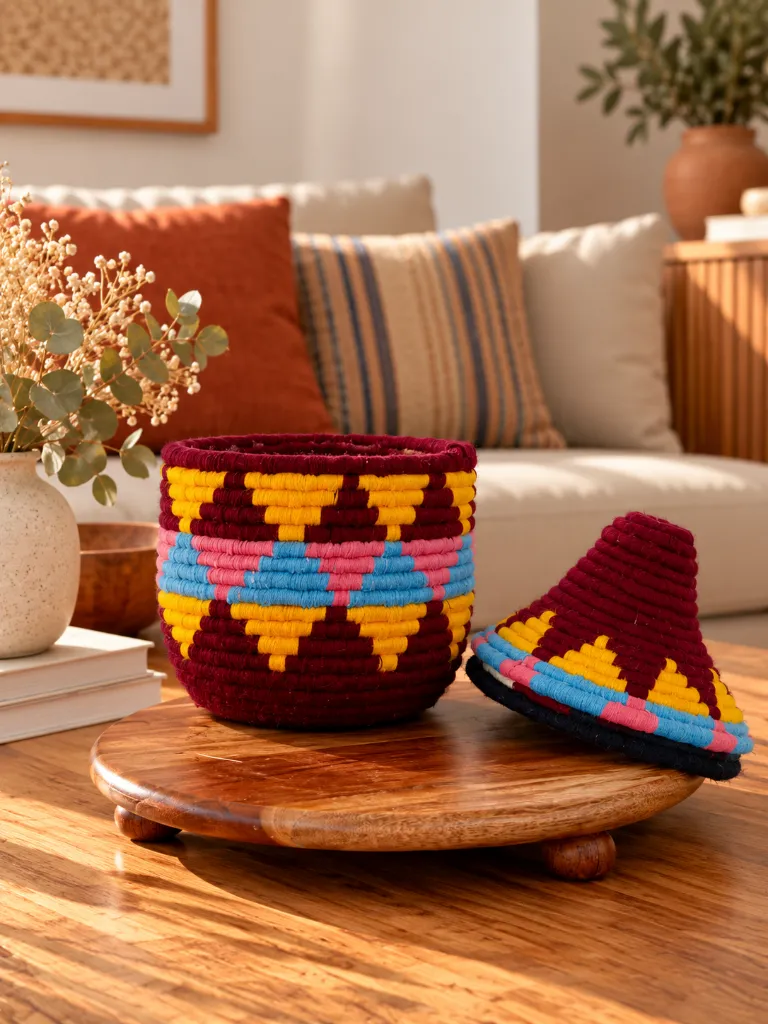 Diyara Artisanat Boite Berbère Bordeaux, jaune, rose et bleu.webp