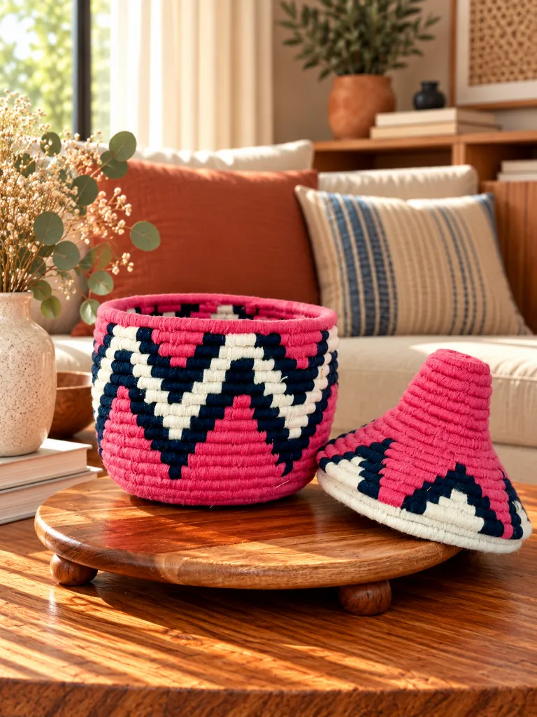 Diyara Artisanat Boites Berbères Rose, Bleu Marine et Blanc 1.webp