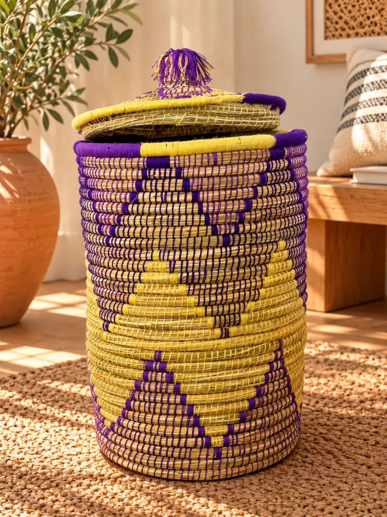 Diyara Artisanat Grand Panier Tressé avec Couvercle - ZINA 1.webp