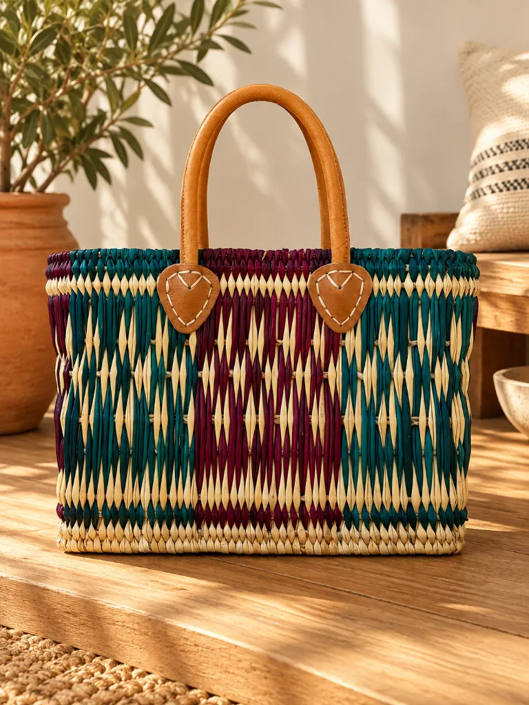Diyara Artisanat Panier Alma en feuille de palmier tressé - Rose & Naturel 1.webp