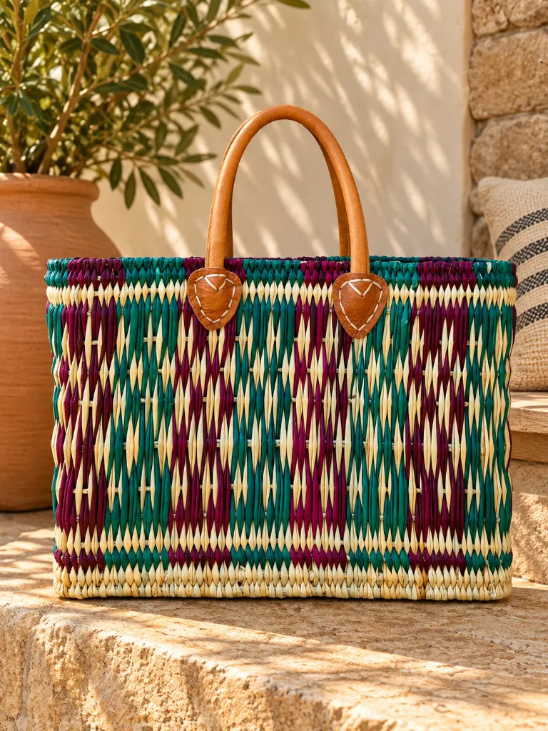 Diyara Artisanat Panier Alma en feuille de palmier tressé - Rose & Naturel 4.webp
