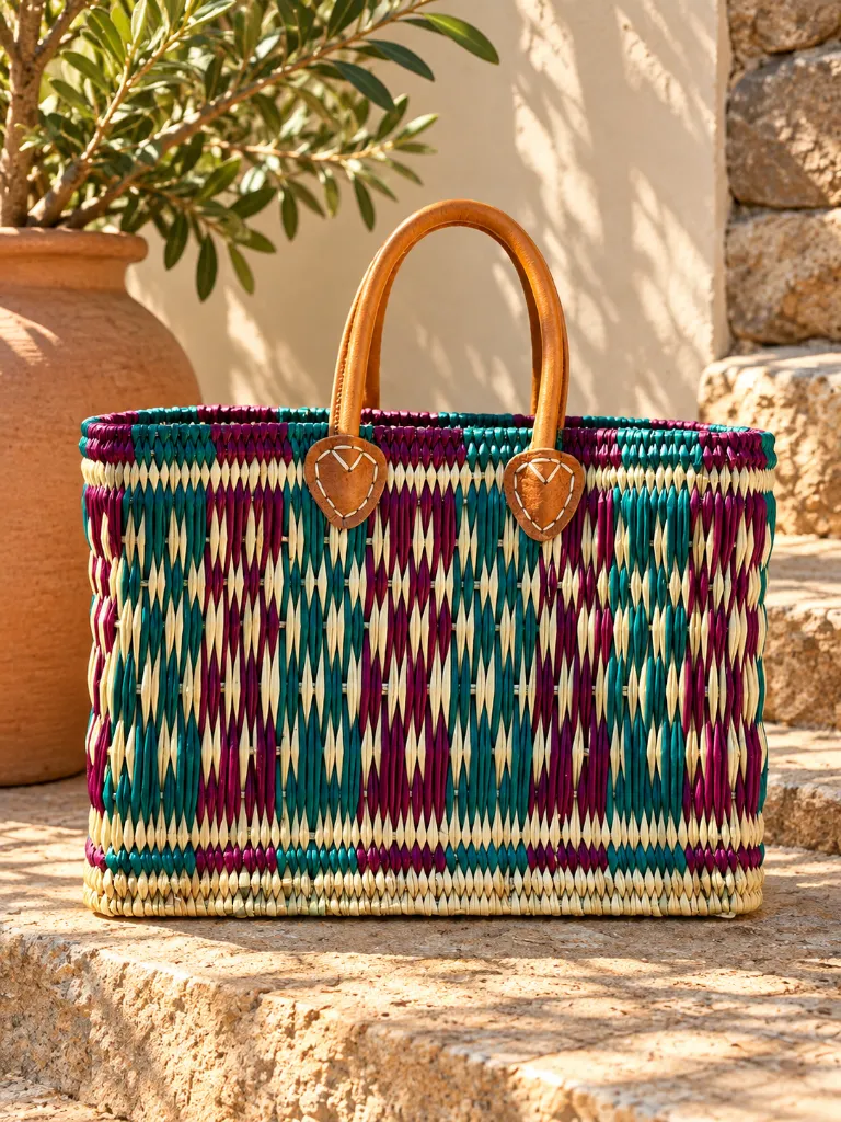 Diyara Artisanat Panier Alma en feuille de palmier tressé - Rose & Naturel 3.webp