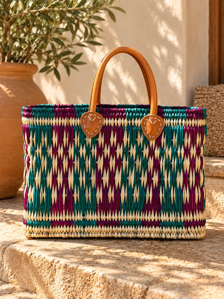 Diyara Artisanat Panier Alma en feuille de palmier tressé - Rose & Naturel 2.webp