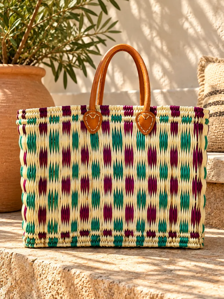 Diyara Artisanat Panier Essaouira en feuilles de palmier tressée - Violet, Turquoise et Cuir 2.webp
