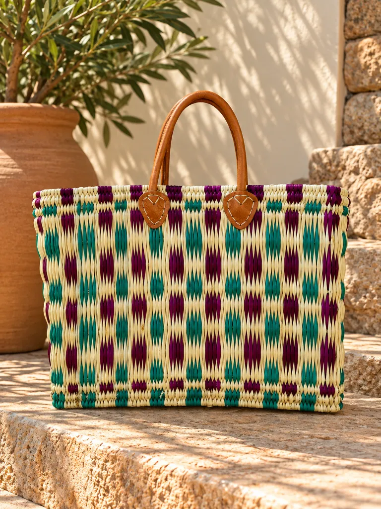 Diyara Artisanat Panier Essaouira en feuilles de palmier tressée - Violet, Turquoise et Cuir 3.webp