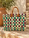 Diyara Artisanat Panier Essaouira en feuilles de palmier tressée - Violet, Turquoise et Cuir 3.webp