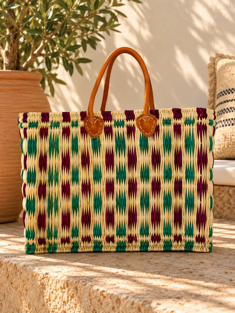 Diyara Artisanat Panier Essaouira en feuilles de palmier tressée - Violet, Turquoise et Cuir 1.webp