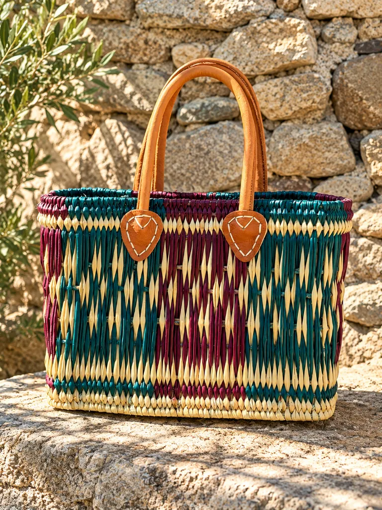 Diyara Artisanat Panier Zélie en feuilles de palmier tressées – Turquoise, violet & anses en cuir 4.webp