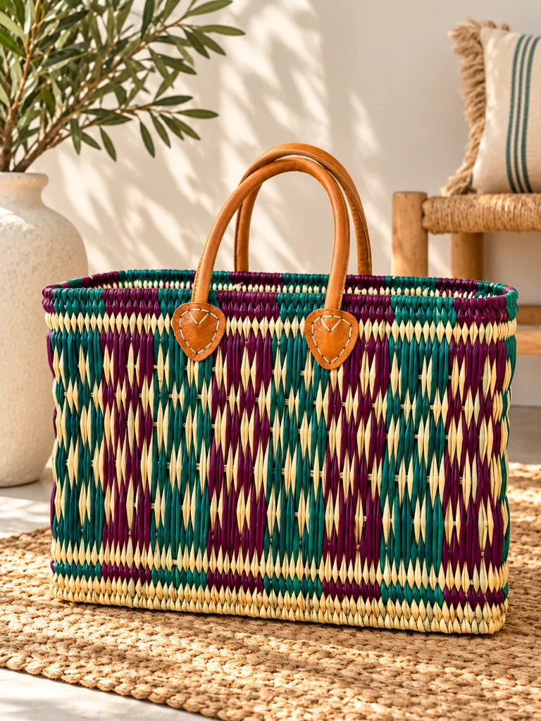 Diyara Artisanat Panier Zélie en feuilles de palmier tressées – Turquoise, violet & anses en cuir 1.webp