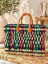 Diyara Artisanat Panier Zélie en feuilles de palmier tressées – Turquoise, violet & anses en cuir 1.webp