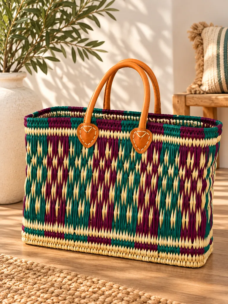 Diyara Artisanat Panier Zélie en feuilles de palmier tressées – Turquoise, violet & anses en cuir 2.webp
