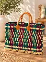 Diyara Artisanat Panier Zélie en feuilles de palmier tressées – Turquoise, violet & anses en cuir 2.webp