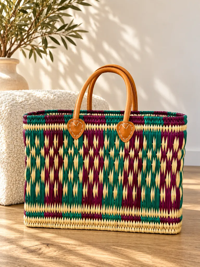 Diyara Artisanat Panier Zélie en feuilles de palmier tressées – Turquoise, violet & anses en cuir 3.webp