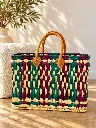 Diyara Artisanat Panier Zélie en feuilles de palmier tressées – Turquoise, violet & anses en cuir 3.webp