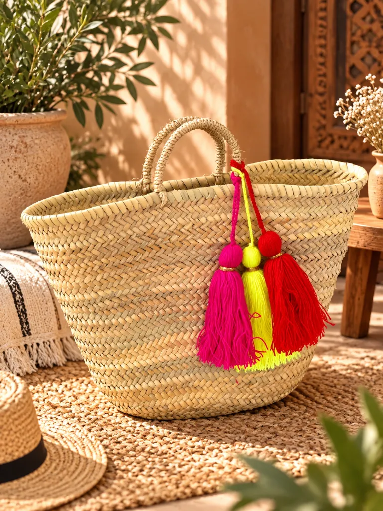 Diyara Artisanat Paniers en Raphia avec 3 pompoms 2.webp