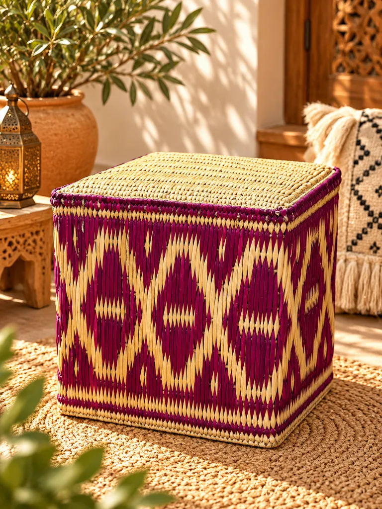 Pouf en Raphia Naturel et Prune 1.webp